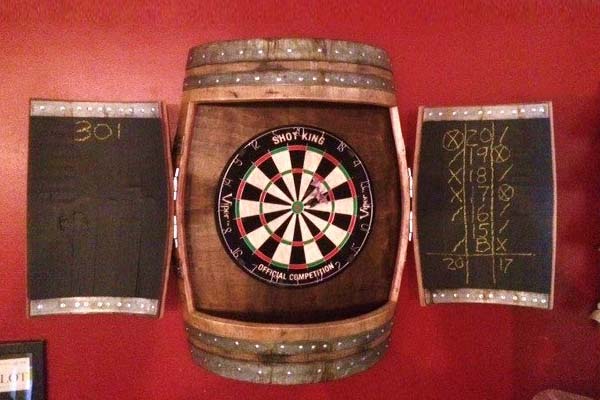 Cabinet for your dart board and chalkboard score sheet, made from an oak barrel