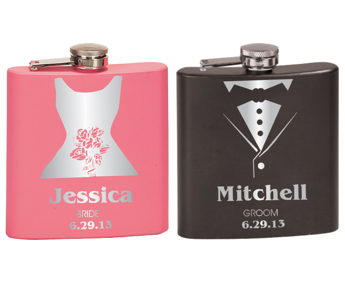 Pink Bridal Flask and Groom Tuxedo Flask Set