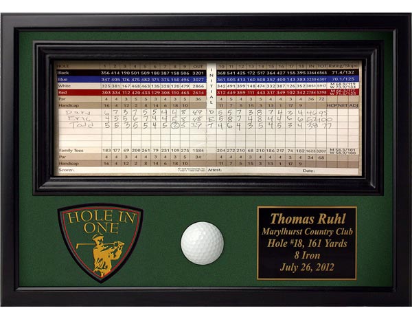 Plaque for hole in one ball and scorecard
