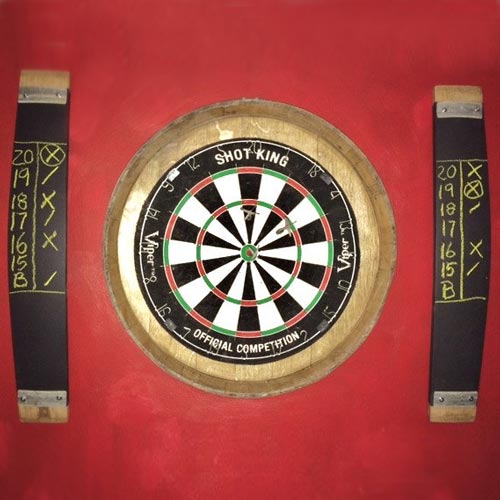Dartboard and Scorekeepers made from a barrel head and staves