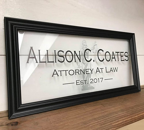 Framed Glass Sign, Custom Etched for an Attorney