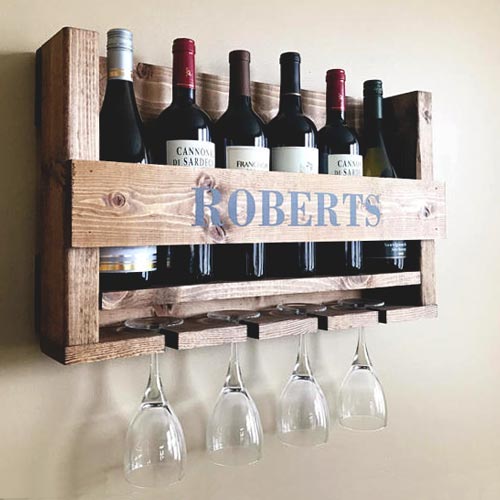 Wall mounted rustic wood wine rack, customized with his name