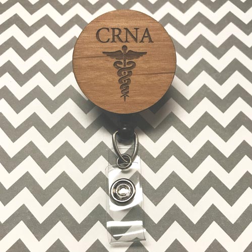 Laser etched wooden CRNA medical badge clip