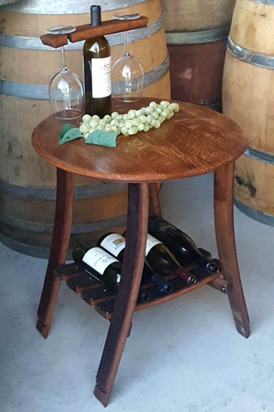 Barrel head end table with storage shelves