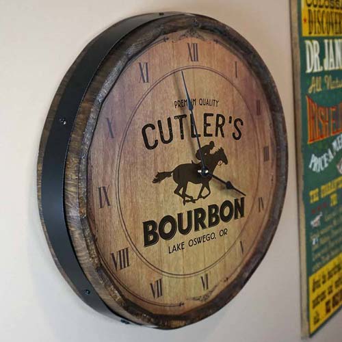 Personalized clock made from the top slice of a bourbon barrel