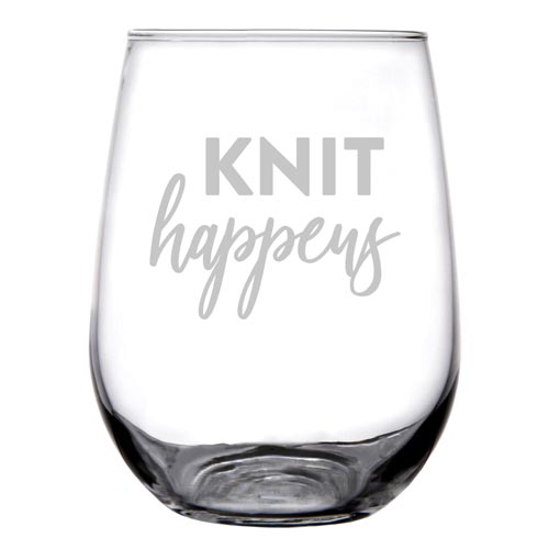 Stemless Wine Glass with "Knit Happens" Etching