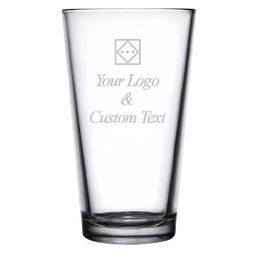 Pint glass engraved with text and/or logo