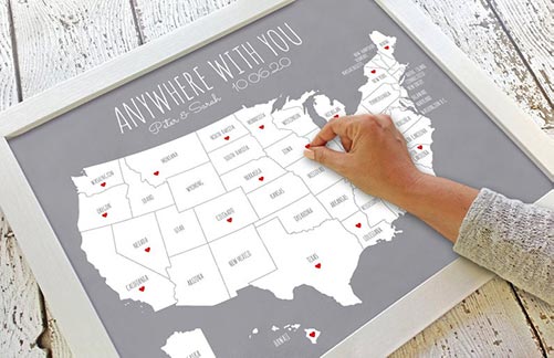 Travel map with heart stickers