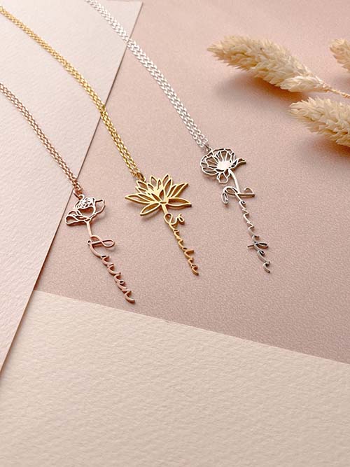 Personalized Golden Floral Necklace - 14th Anniversary Gift Idea