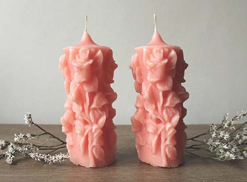 Carved Coral Colored Rose Candles