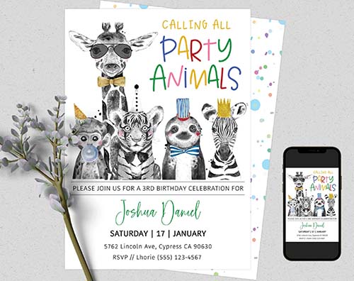 Birthday Party Ideas - Calling All Party Animals Card