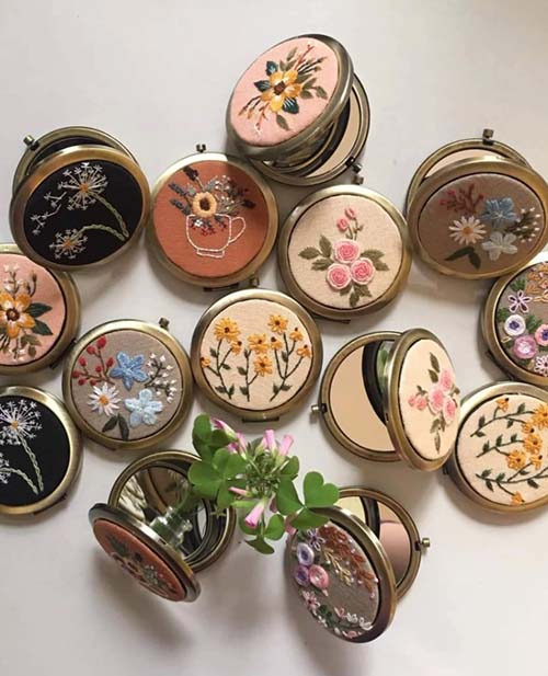 floral hand embroidered compact mirrors