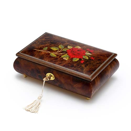 45th Anniversary Gifts: single stem red rose musical jewelry box