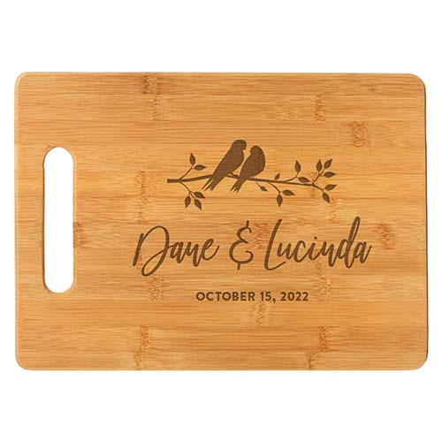 personalized lovebirds bamboo cutting board
