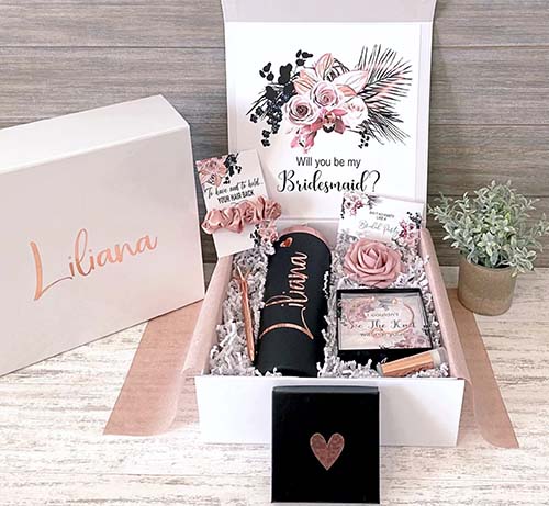 bridesmaid proposal boxes - black and rose gold