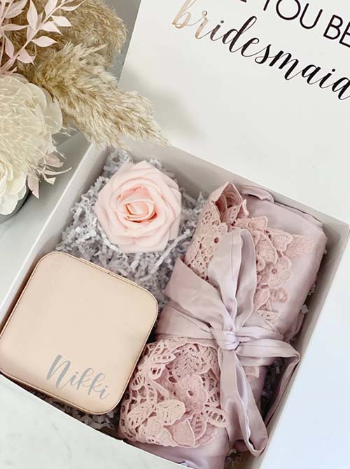 bridesmaid proposal boxes - champagne pink silk robe