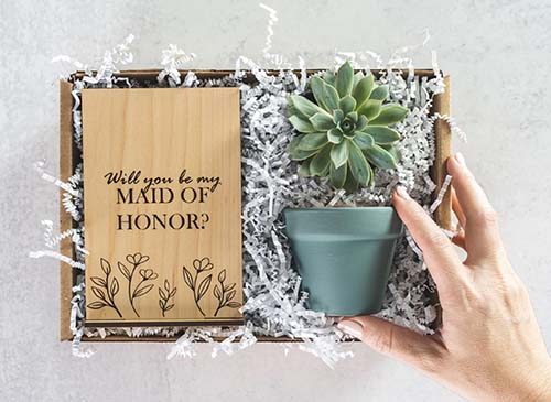 wooden card and succulent maid of honor proposal box