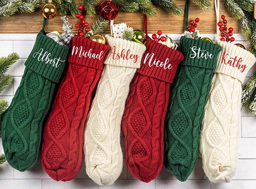 red, green, and white knitted stockings