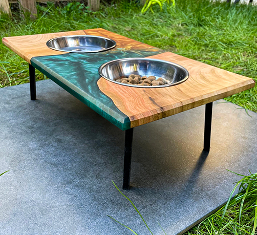 olive wood and resin dog feeder