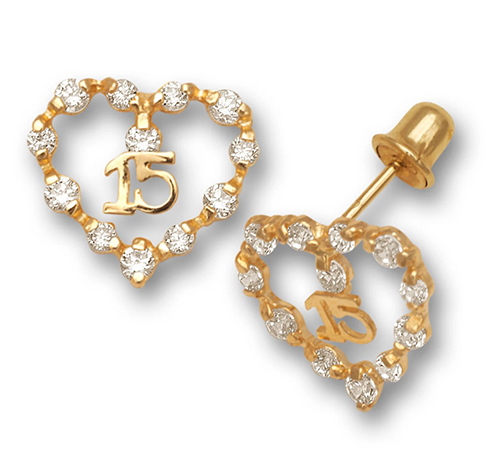 Real 14k Gold Earrings 15 Años/ Sweet 15 heart Quincenañera