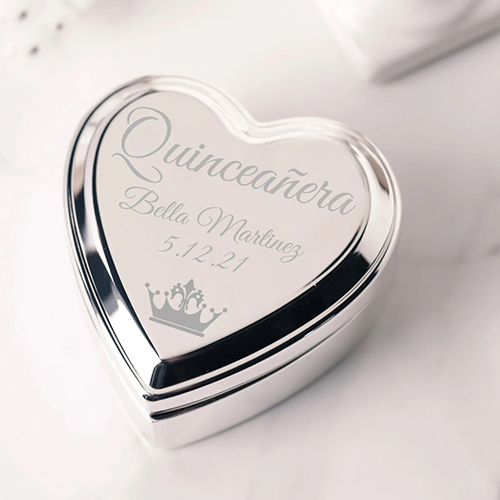 Quinceañera gifts - Silver Quinceañera Heart Trinket Box