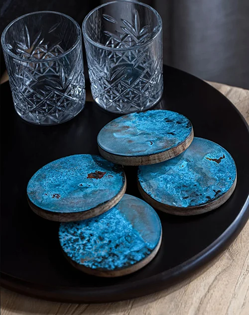 Blue Patina Copper Coaster Set