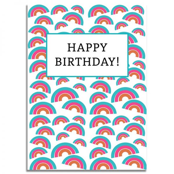 Front Side - 5X7 Happy Birthday Greeting Card Blue Pink Rainbow Pattern