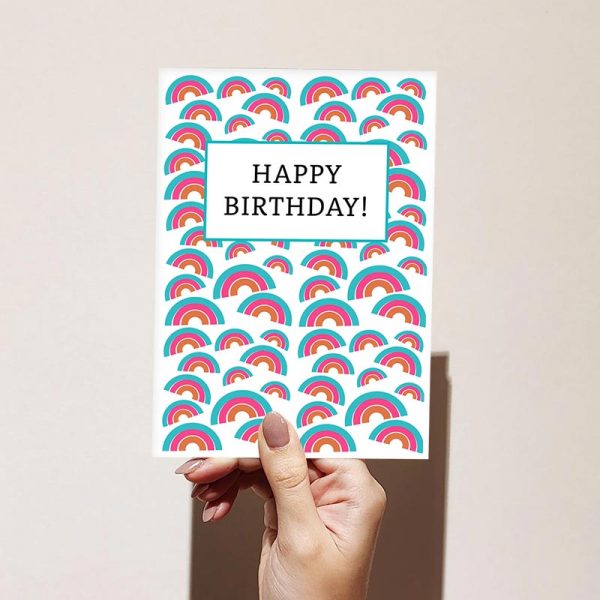 Blue Pink Rainbow Pattern Happy Birthday Card