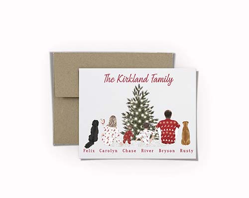 Custom Illustrated Family and Pet Portrait Holiday Greeting Card