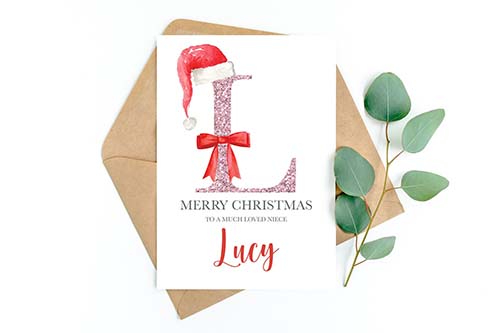 Pink Glitter Initial Christmas Cards for Her