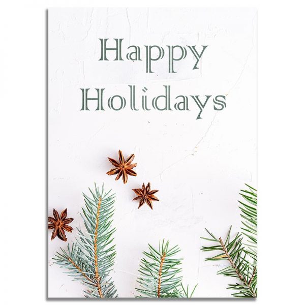Front Side - 5X7 Happy Holidays Green Leaves & Stars Christmas Greeting Card