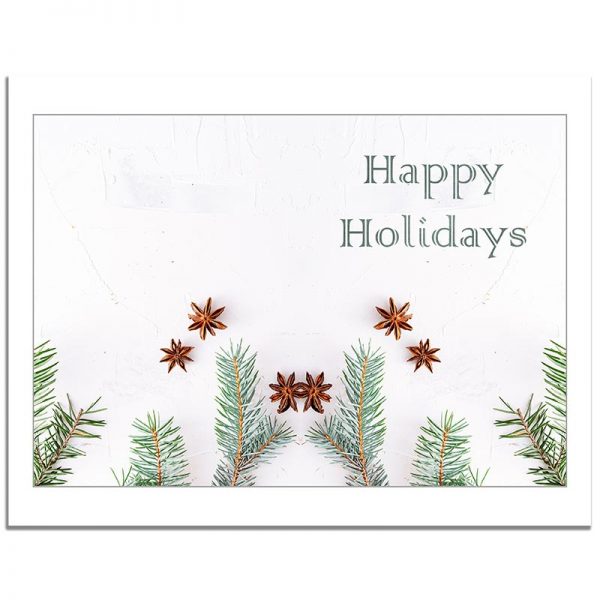 7x10 Happy Holidays Green Leaves & Stars Christmas Folded Greeting Card