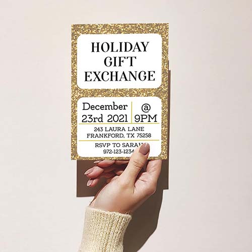 holiday gift exchange party gold glitter invitation 1