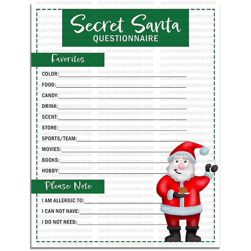 Secret Santa Gift Exchange Printable Questionnaire All Gifts Considered
