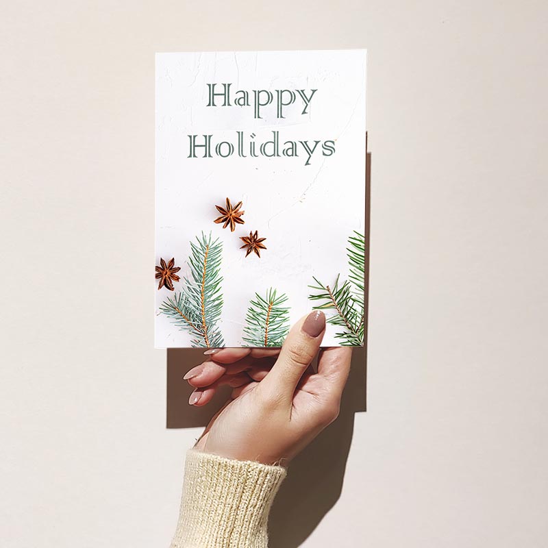 Happy Holidays Green Leaves Christmas Card